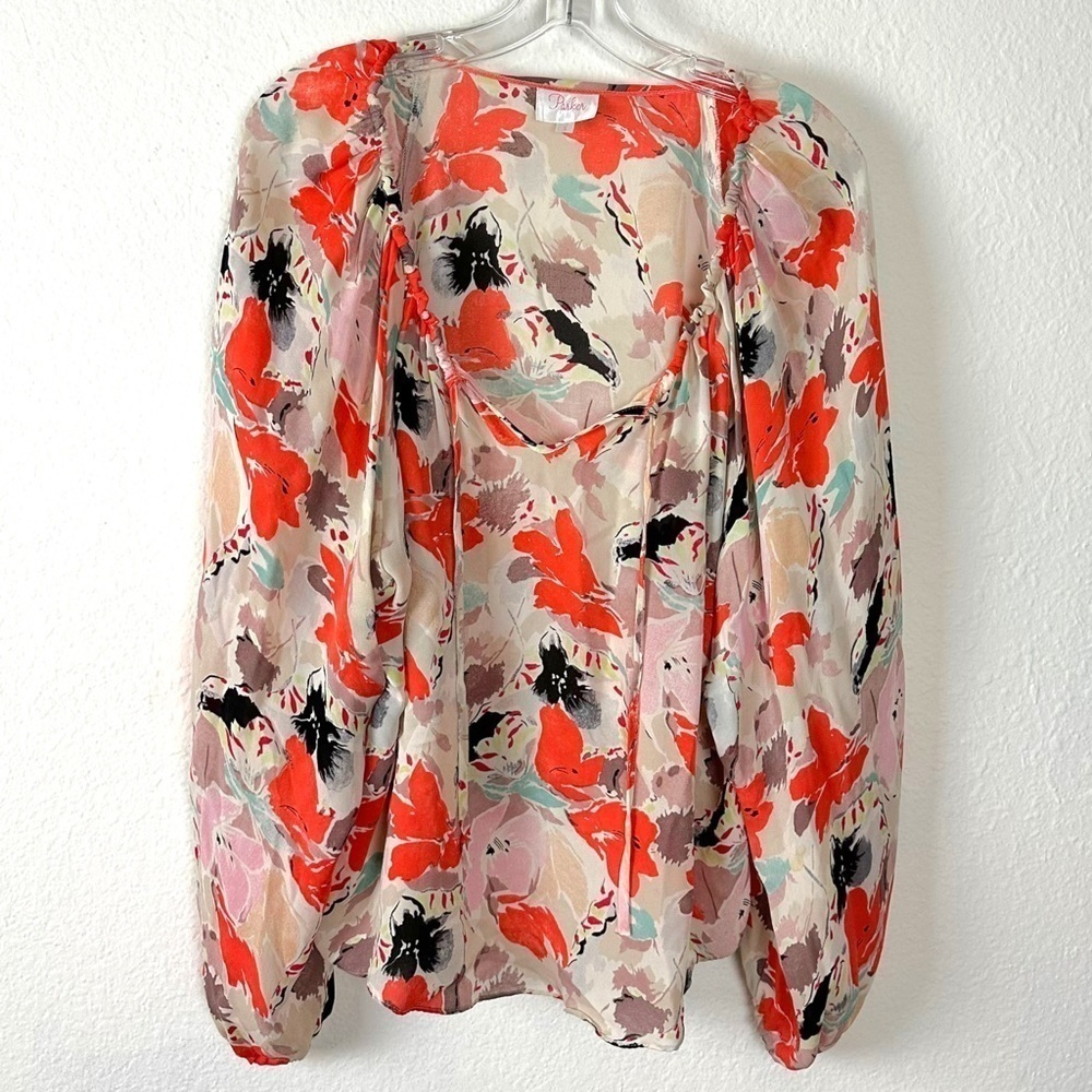 Parker 100% Silk Floral Watercolor Balloon Sleeve Flouncy Blouse Size Small - Picture 7 of 10